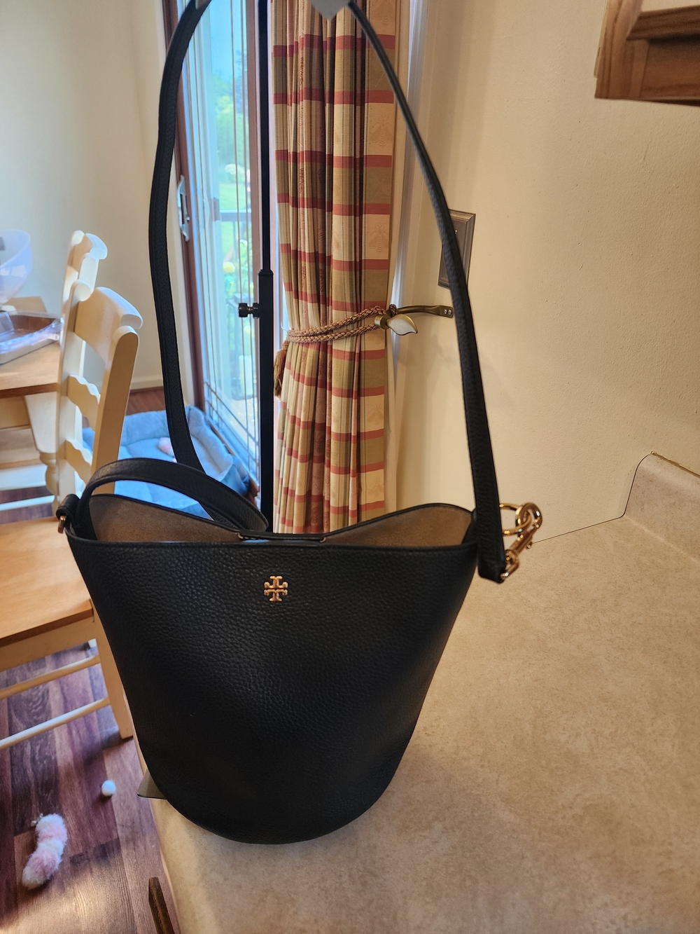 Tory Burch Black Pebbled Leather Bucket Shoulder Bag with Gold Logo